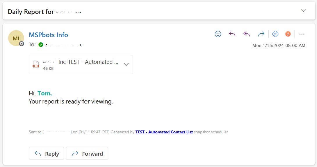 emailed report sent to automated contact list