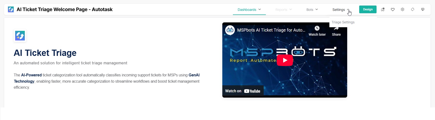 AI Ticket Triage Autotask Settings