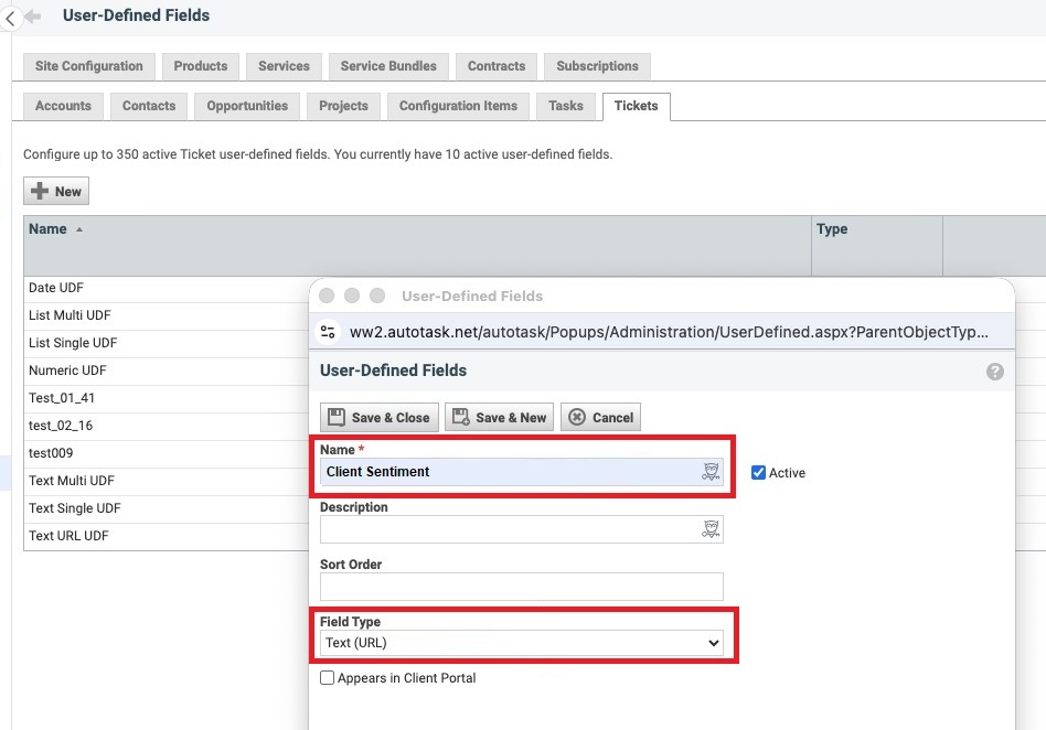 Autotask client sentiment custom field