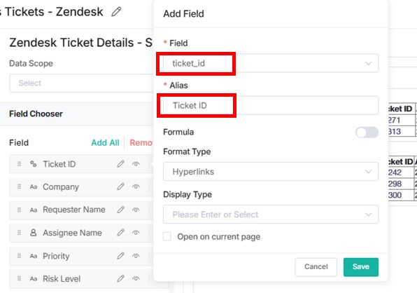 add ticket ID to field chooser