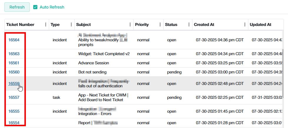 tickets hyperlinked to PSA