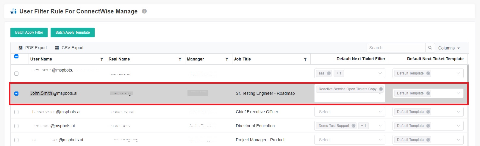 NextTicket user filter settings