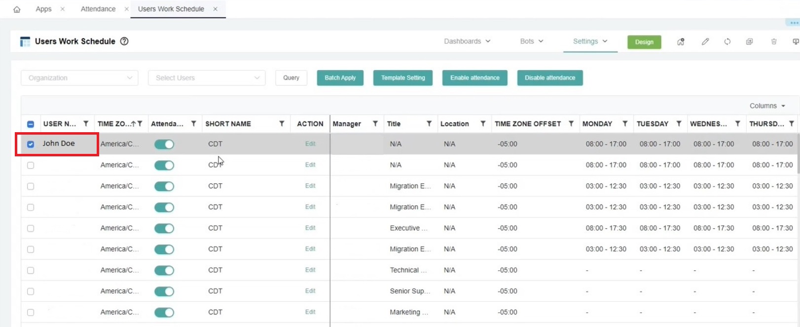 select user work schedule