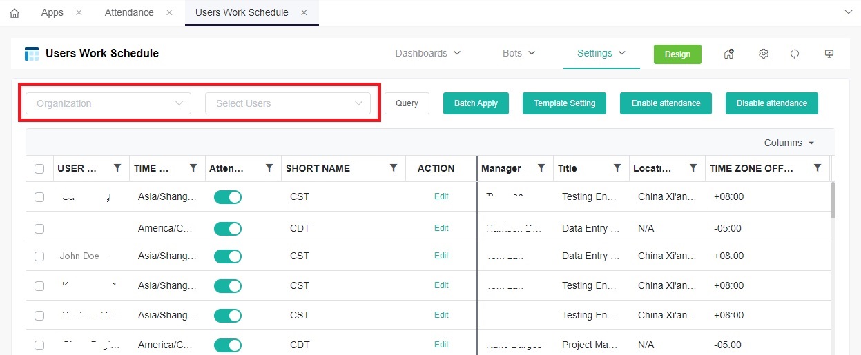 image users work schedule settings