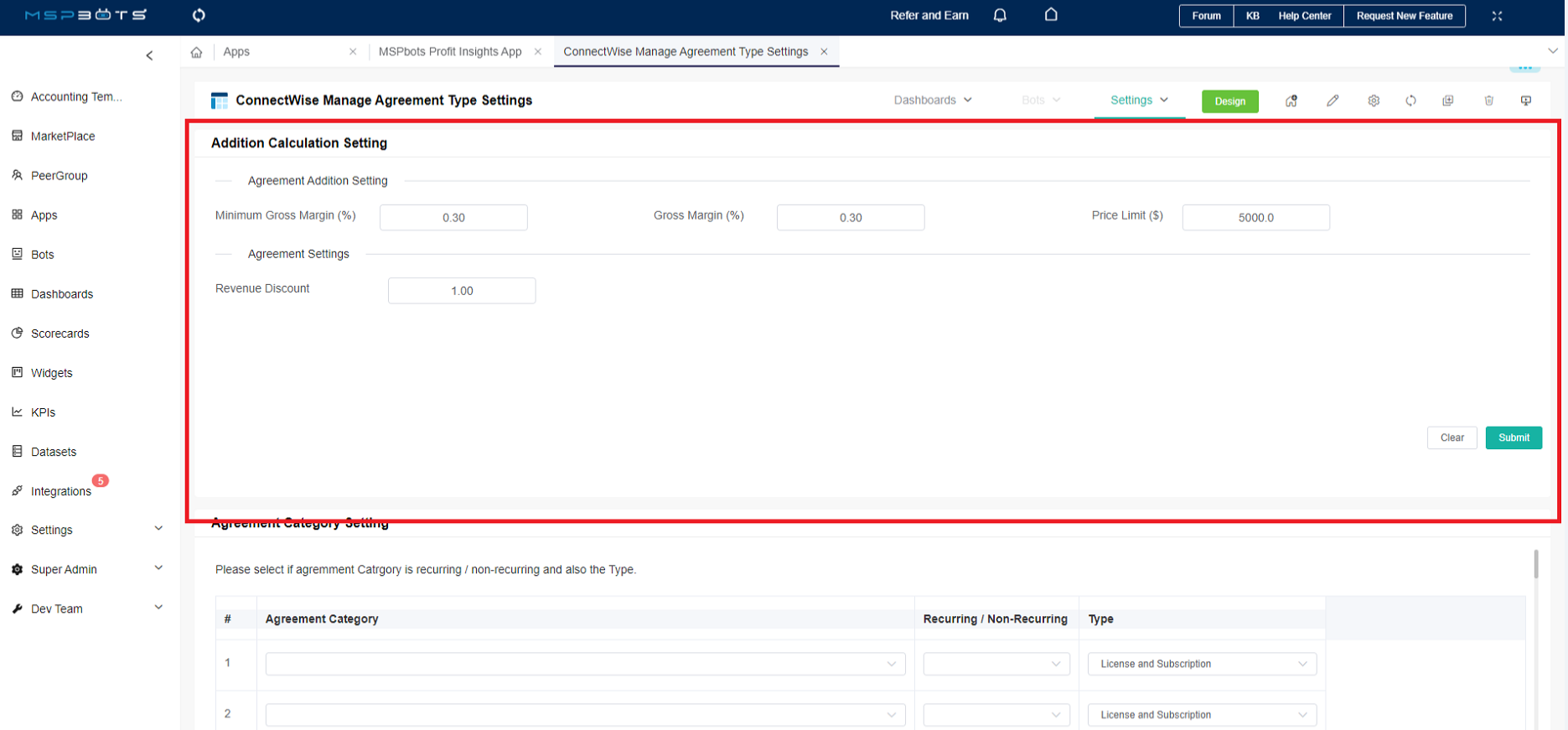 Addition Calculation Setting