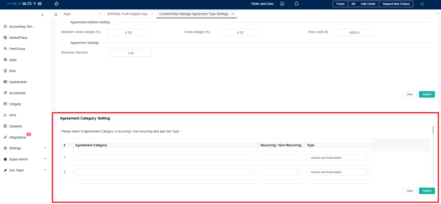 Agreement Category Setting