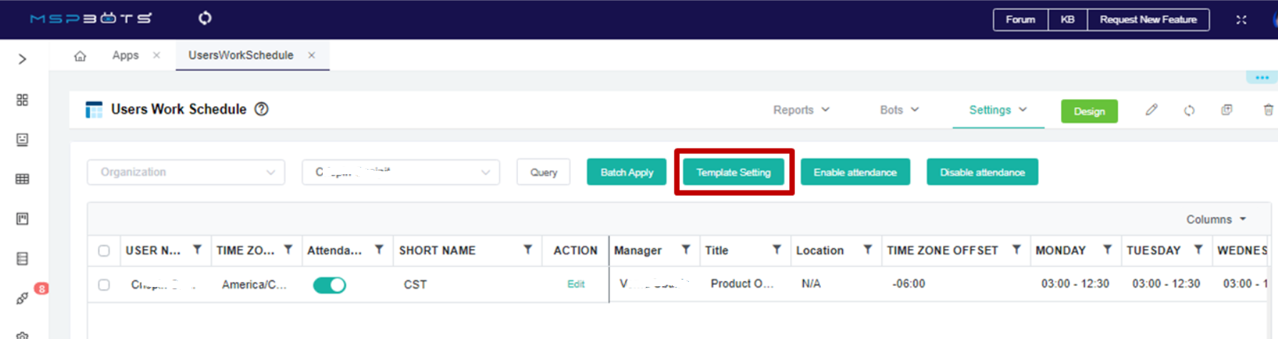 work schedule template setting