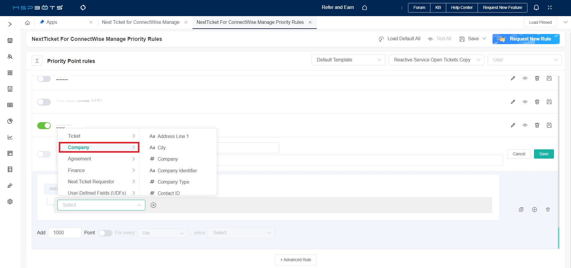 conditions for NextTicket CWM advanced rules