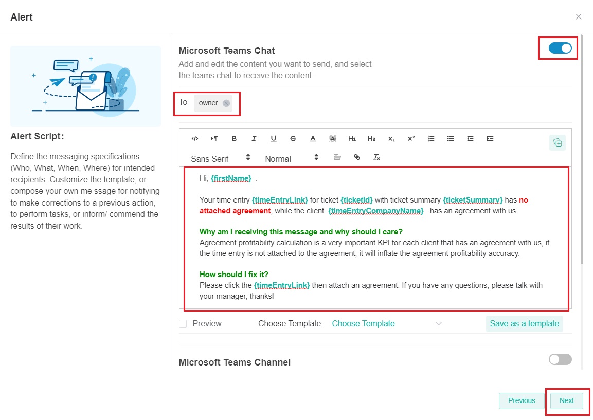 Alert message settings