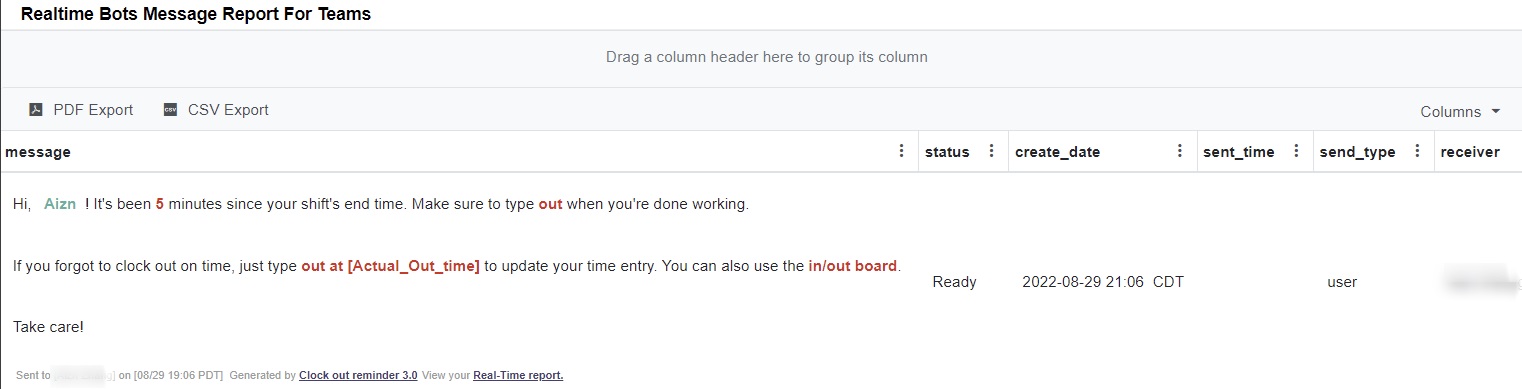 realtime clock out message