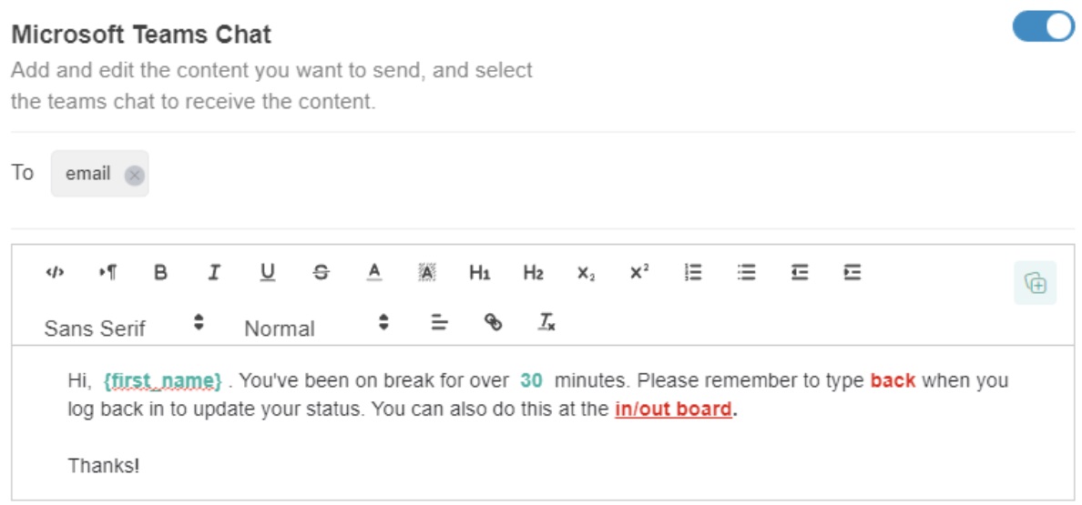 time exceeded message settings