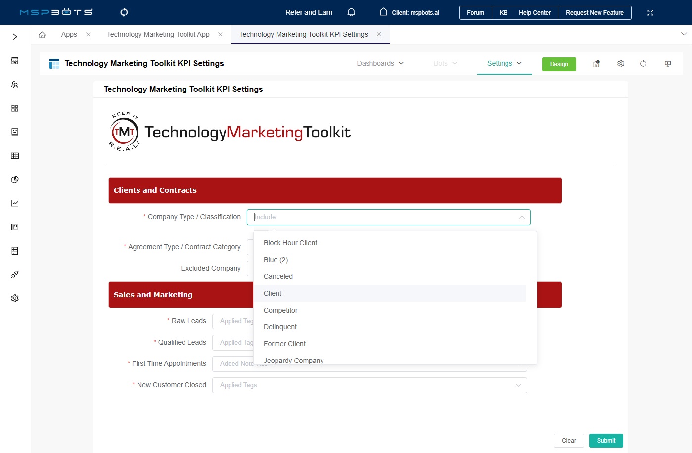 image clients and contracts KPI settings
