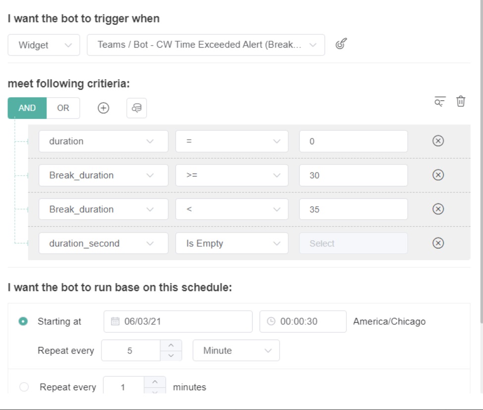 time exceeded trigger settings