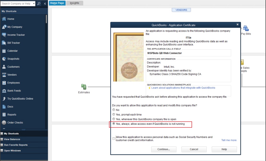 QB application certificate