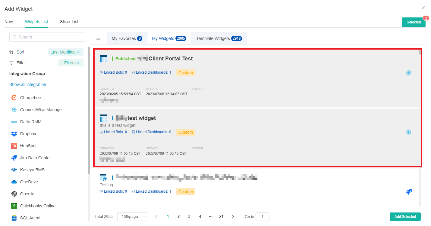 image select widgets for adding to the report