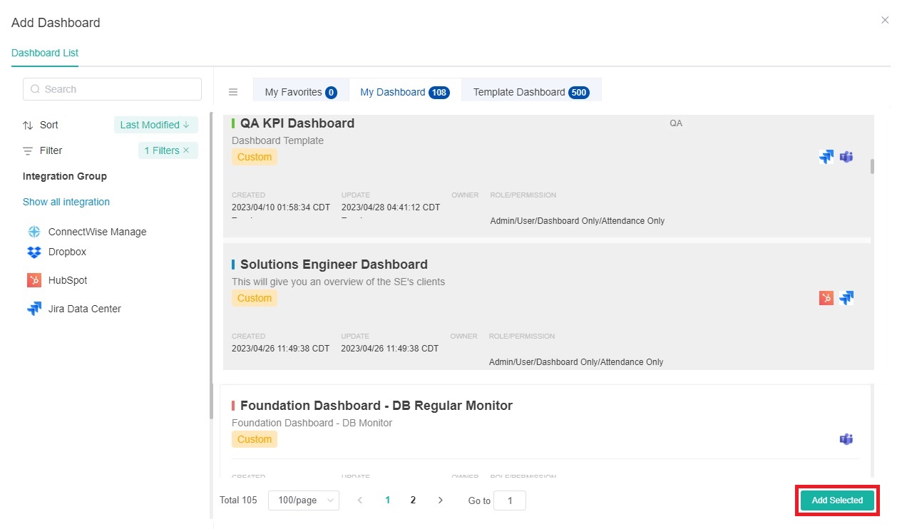 add selected dashboards