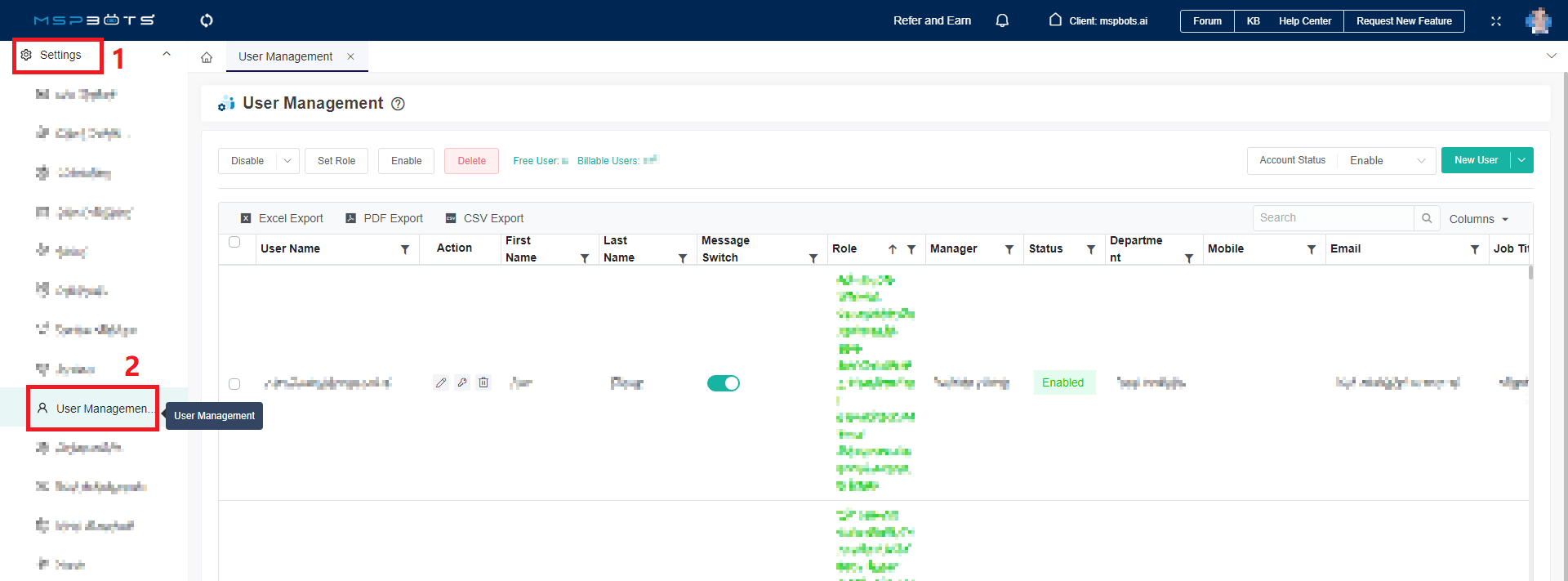 user manager info in MSPbots user management