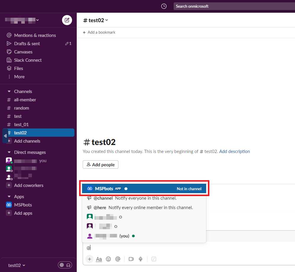 image MSPbots in Slack channel.